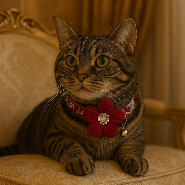 Floral cat collar with knitted bow and bell - Image 4