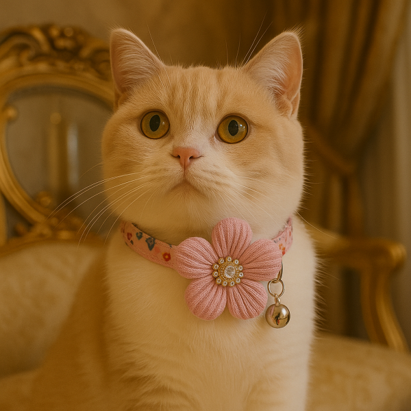 Floral cat collar with knitted bow and bell - Image 2