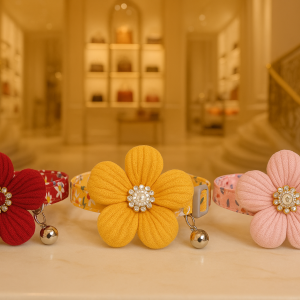 Floral cat collar with knitted bow and bell