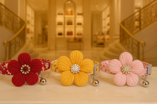 Floral cat collar with knitted bow and bell