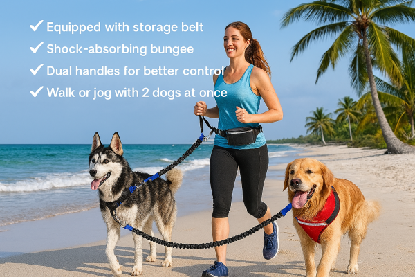 Hands-Free Bungee Dual Dog Lead with Pouch