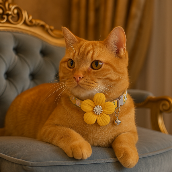 Floral cat collar with knitted bow and bell - Image 3