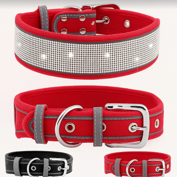 Diamanté wide collar - reflective strips, velvet micro fibre texture - Image 2