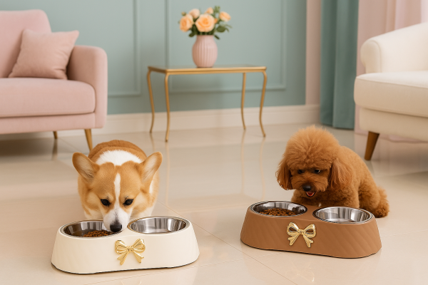 Double feeding bowl, with gold bow