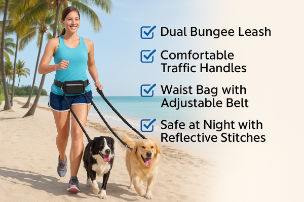 Hands-Free Bungee Dual Dog Lead with Pouch - Image 2