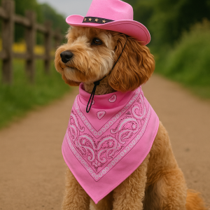 Doggy Parton Cowgirl Set – Pink Hat & Paisley Bandana