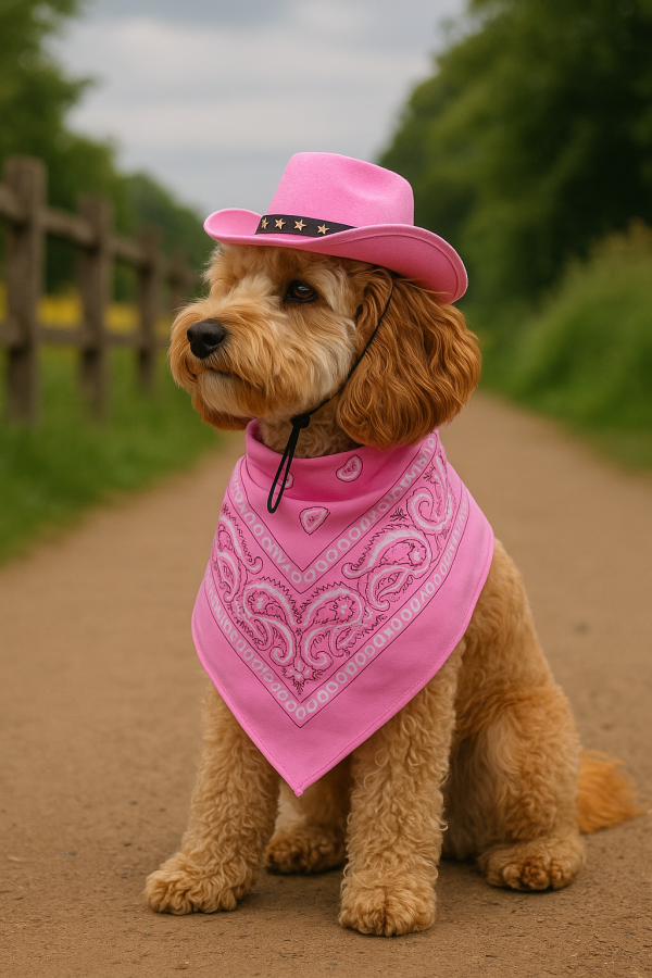 Doggy Parton Cowgirl Set – Pink Hat & Paisley Bandana