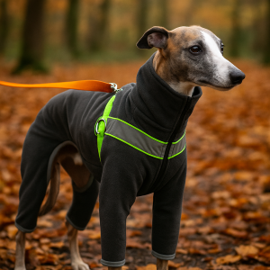 Luxury Boujee Fleece Dog Suit with Built-In Harness – Medium Dog All-in-One Coat – Stylish Autumn/Winter Warmth.
