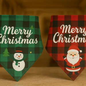 Christmas Dog Bandana - Green Snowman and Red Santa. Plaid Design